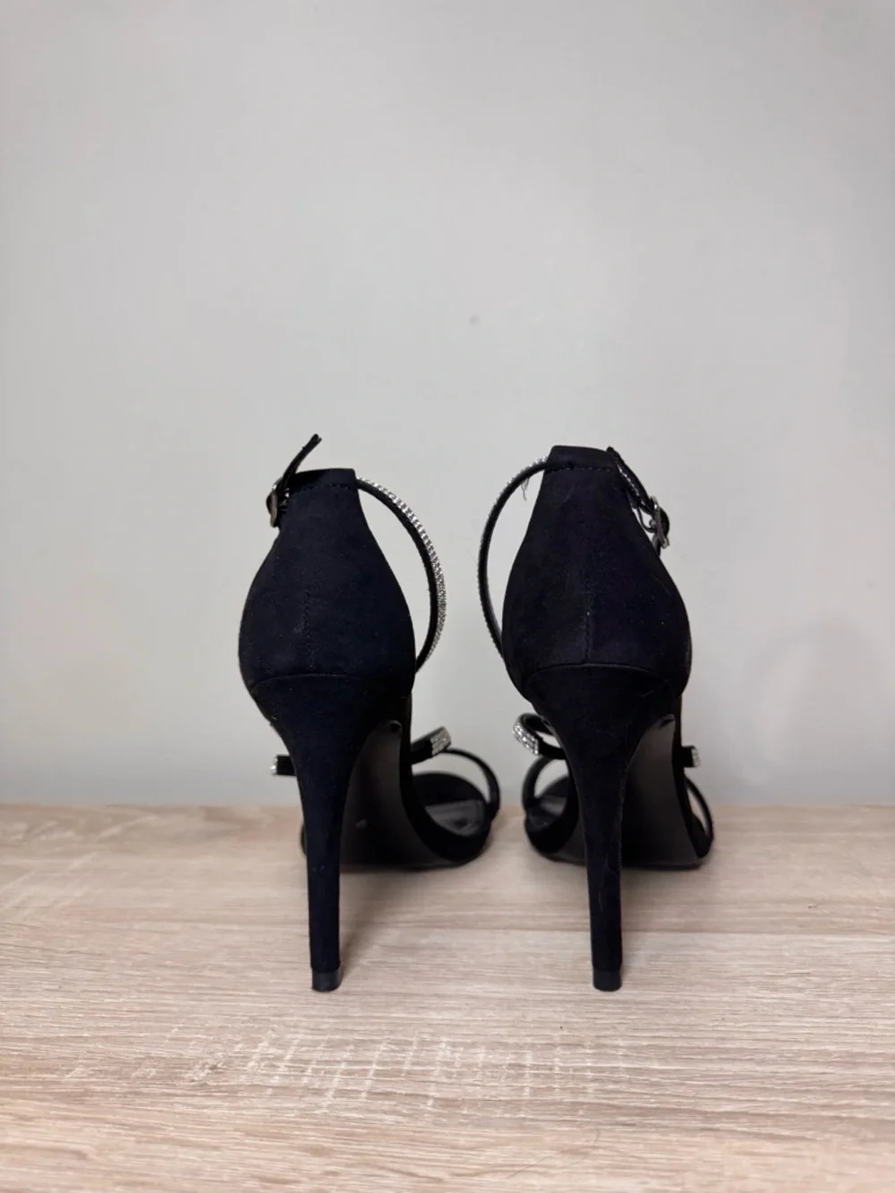 Steve Madden Black Strappy Stiletto Sandals with Rhinestones, Ankle Strap, 8.5